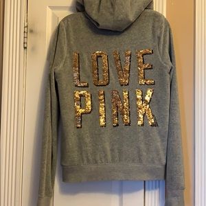 PINK gray full lined plush hoodie size S sequined